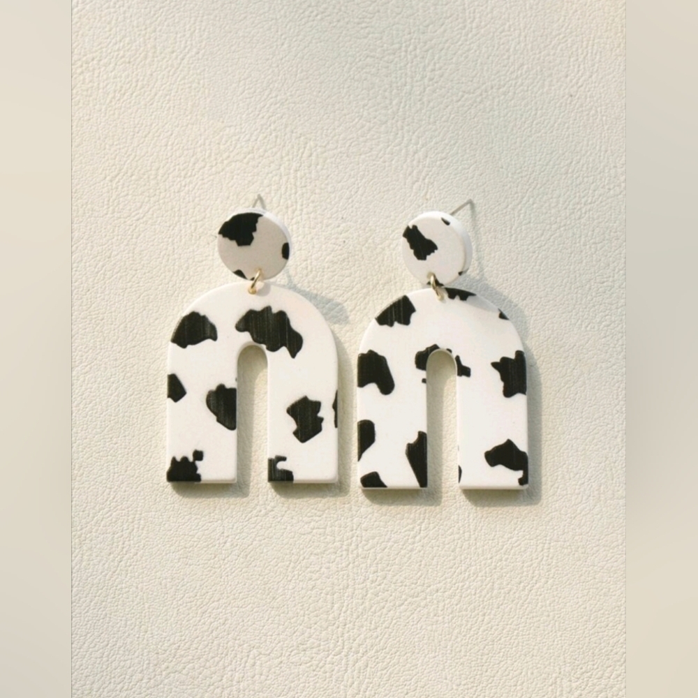 Western Cow Print Black and White Arch Earrings